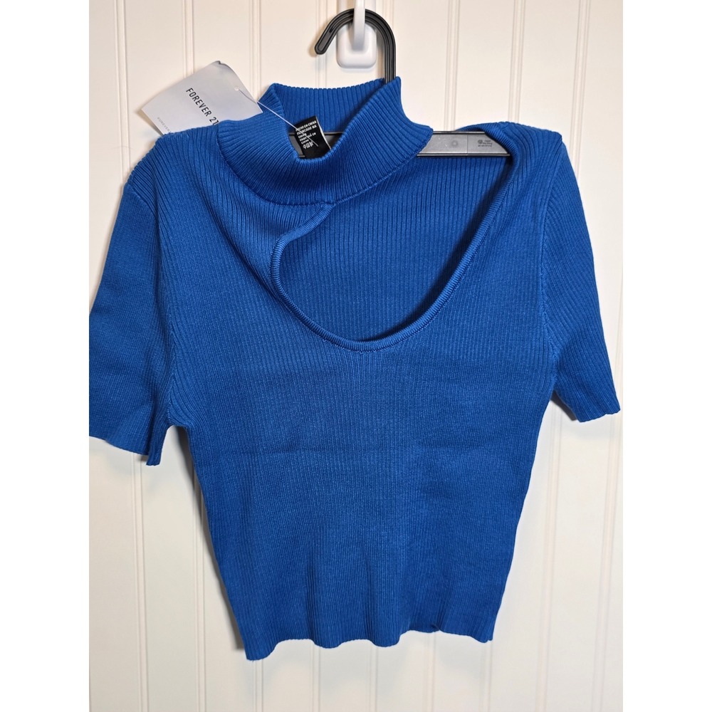 Forever 21 Royal Blue Ribbed Cutout Mock Neck Short Sleeve Top Large NEW